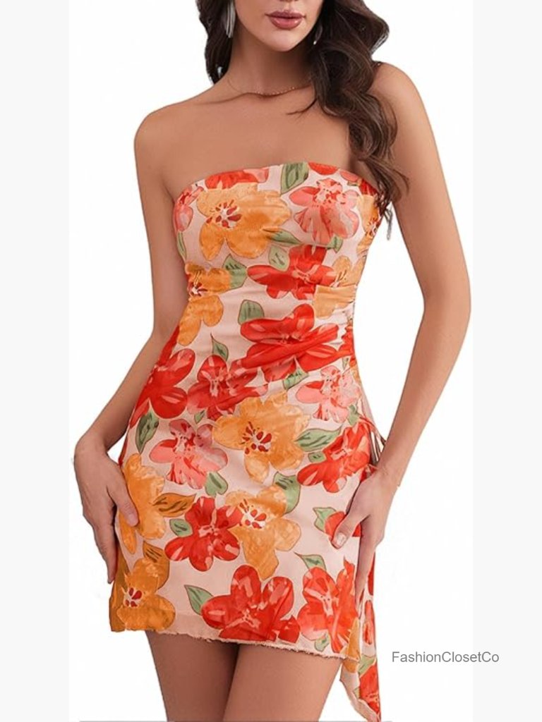 Strapless Floral Ruched Mini Dress With Side Split